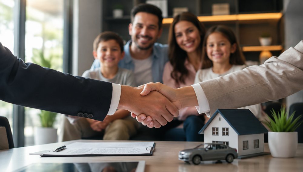 Asesoría de confianza - MC Seguros Cali Asesor de seguros dando la mano a familia feliz con casa y auto - Cali Colombia - MC Seguros e Inversiones